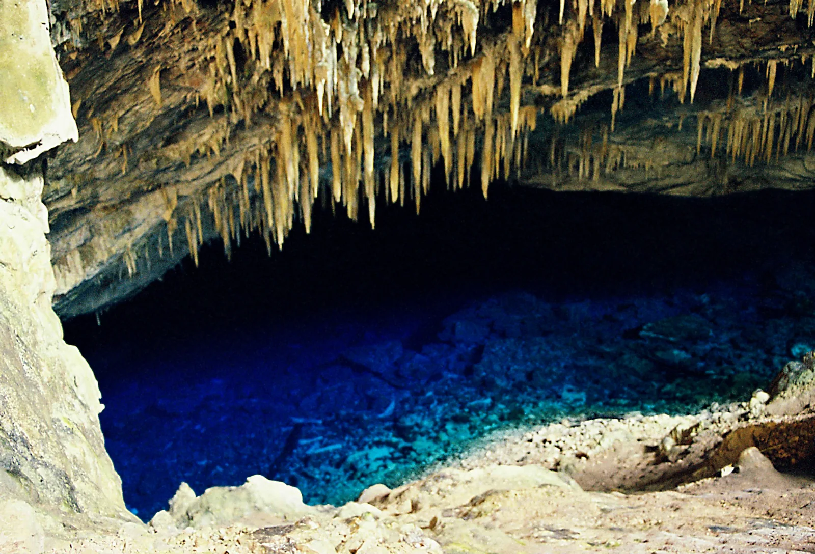 The blue underground lake inside the Gruta do Lago Azul cave near Bonito
