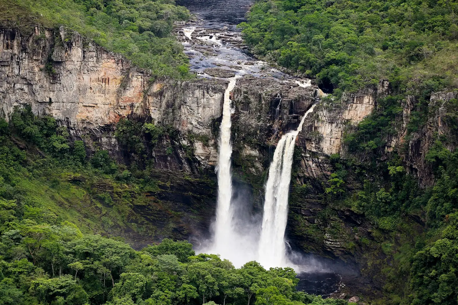 Two tall waterfalls of the Rio Preto dropping side by side into a forested gorge