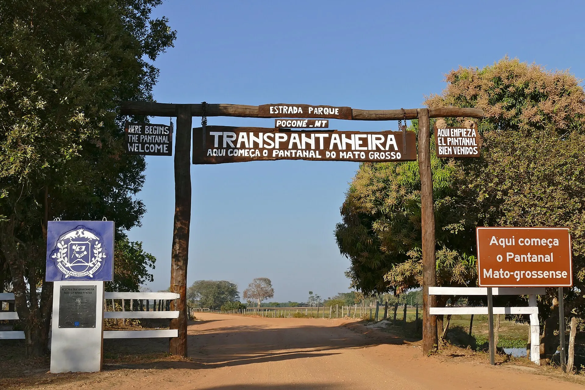 The wooden Transpantaneira gate at Poconé, where the dirt road into the northern Pantanal begins
