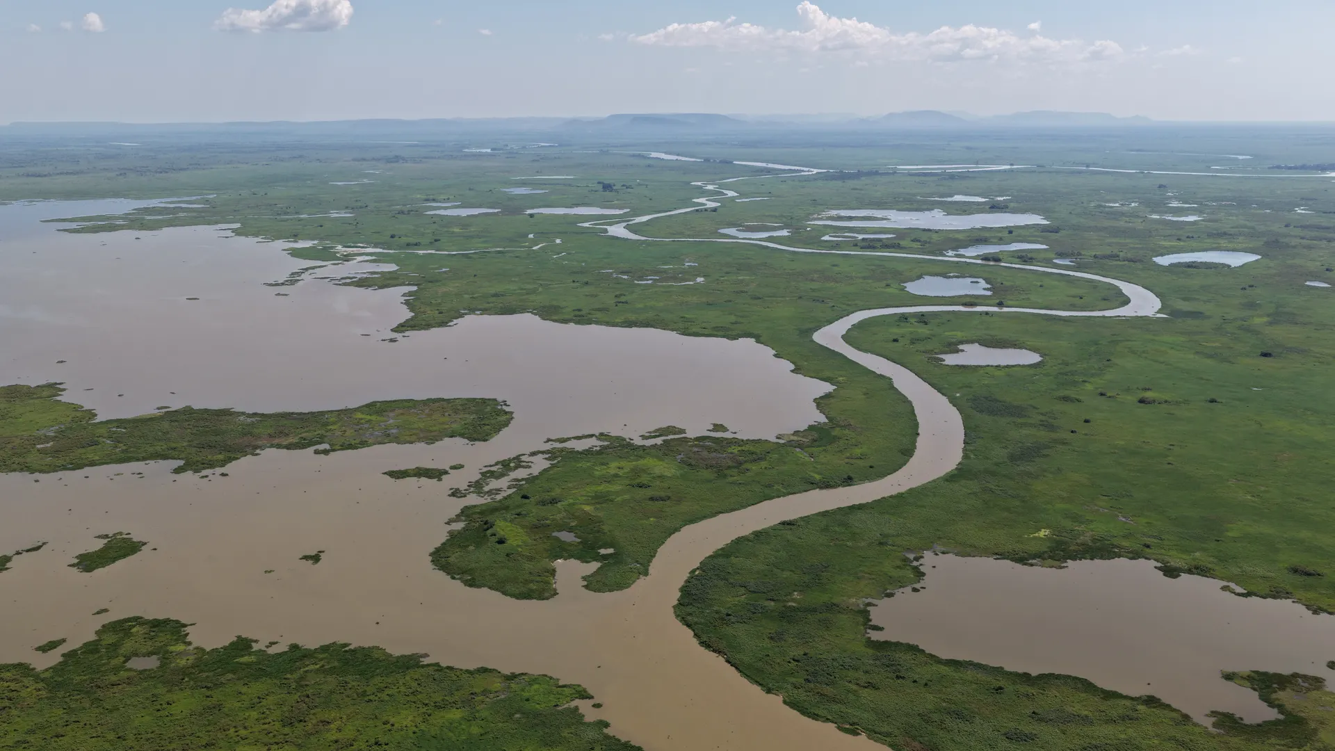 Aerial view of a brown Pantanal river winding through green floodplain and lagoons
