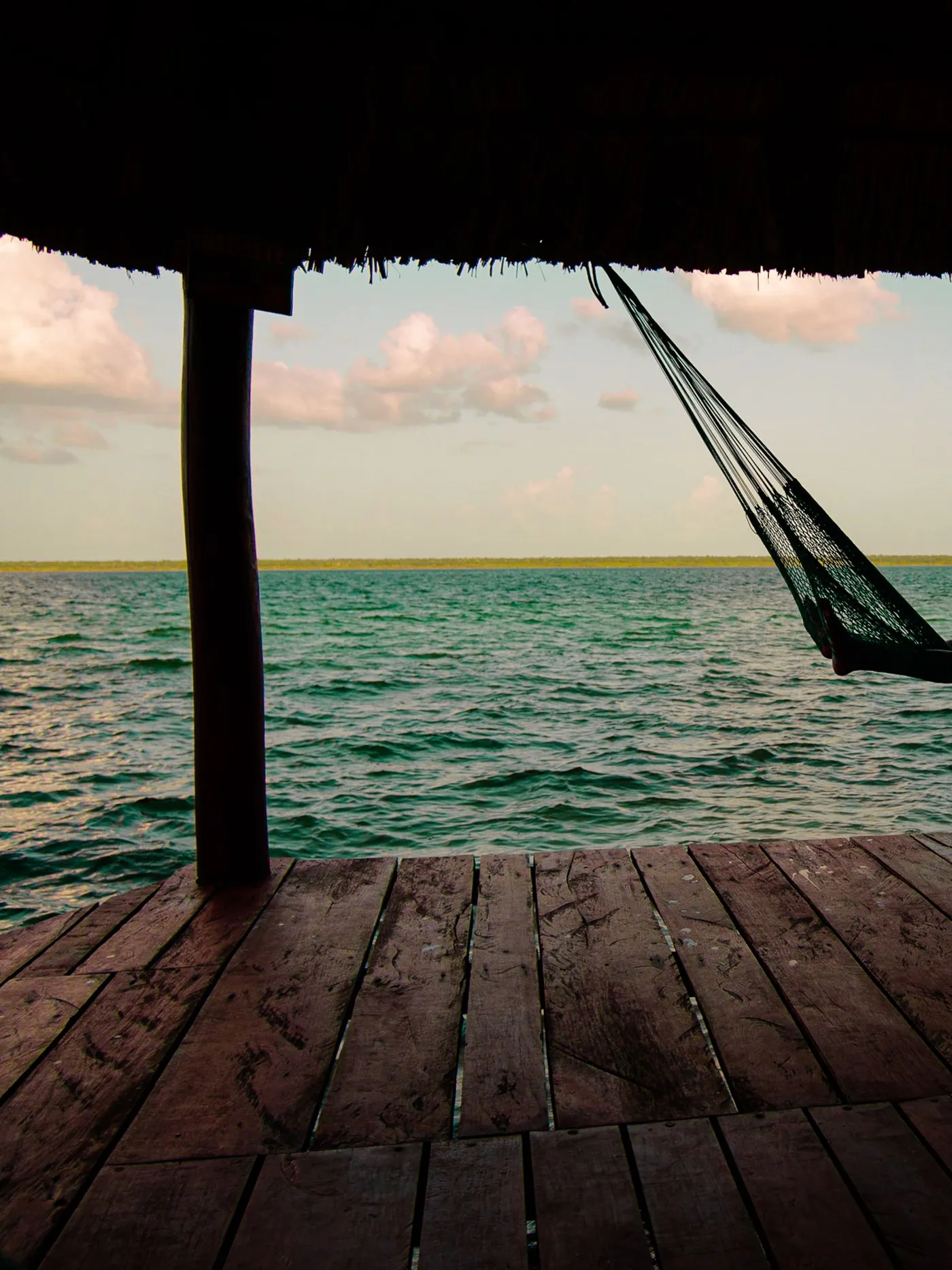 A figure resting in a hammock under a palm-thatched shelter, open water beyond
