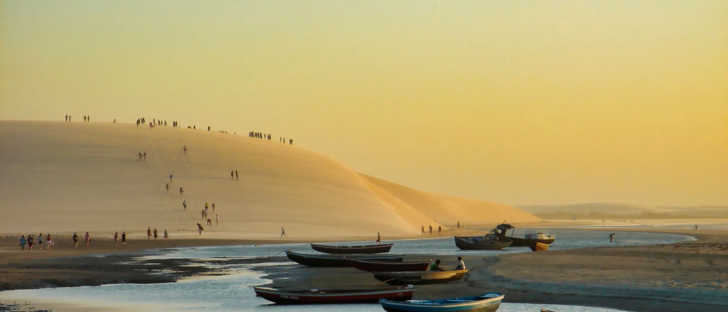 A crowd of small silhouettes on the crest of a great dune applauding the sunset