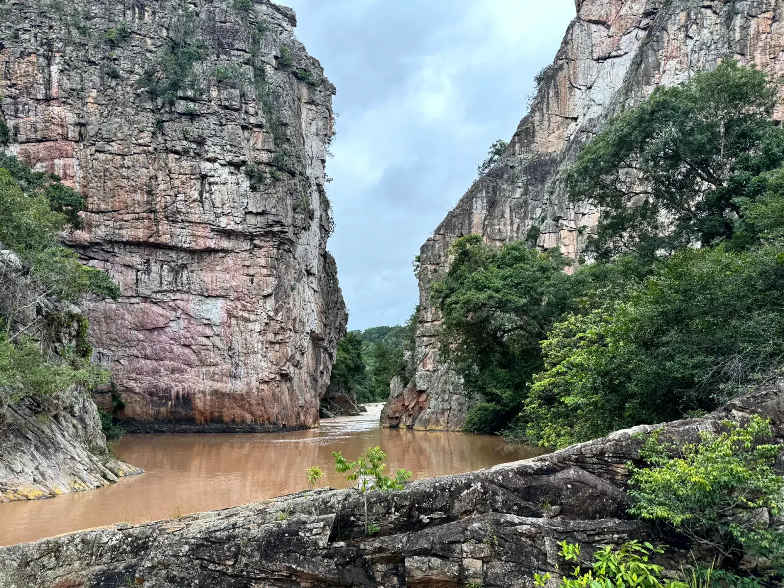 The calm reddish Rio Jauquara flowing between steep forested canyon walls