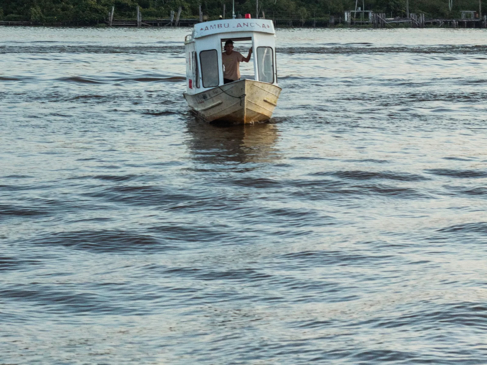 A small boat moored off a low wooded bank on a wide, flat river