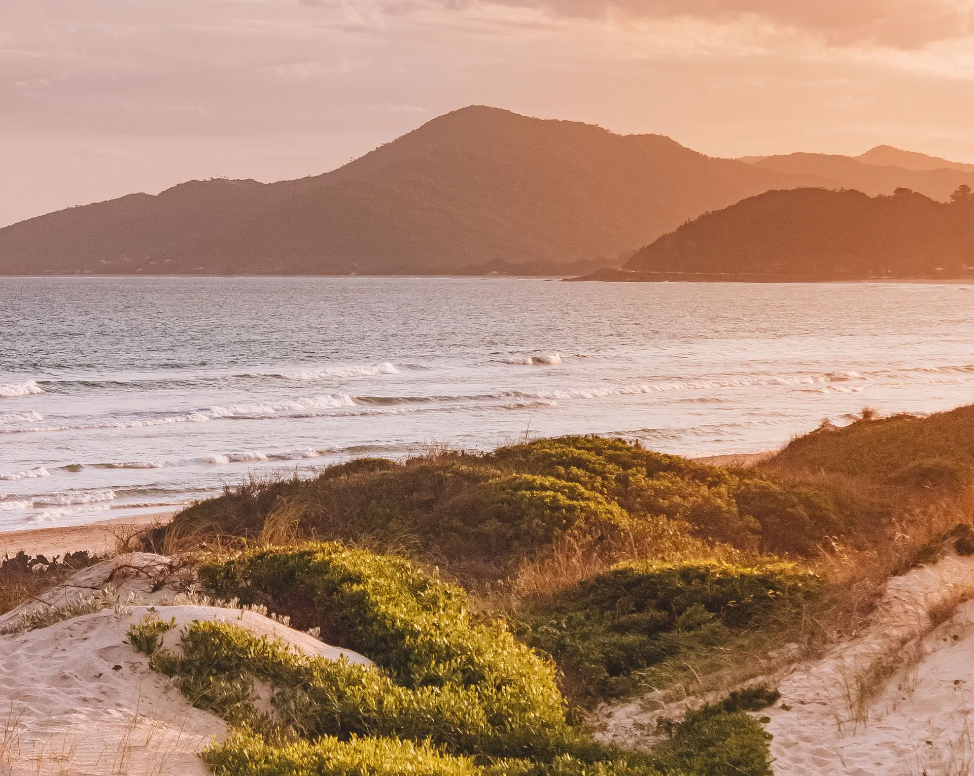Surfers in the waves at Joaquina with the tall pale sand dunes rising behind the beach