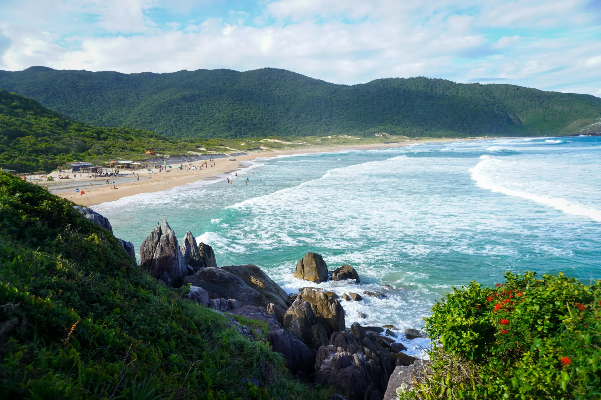 Lagoinha do Leste beach and its lagoon seen from the ridge trail high above
