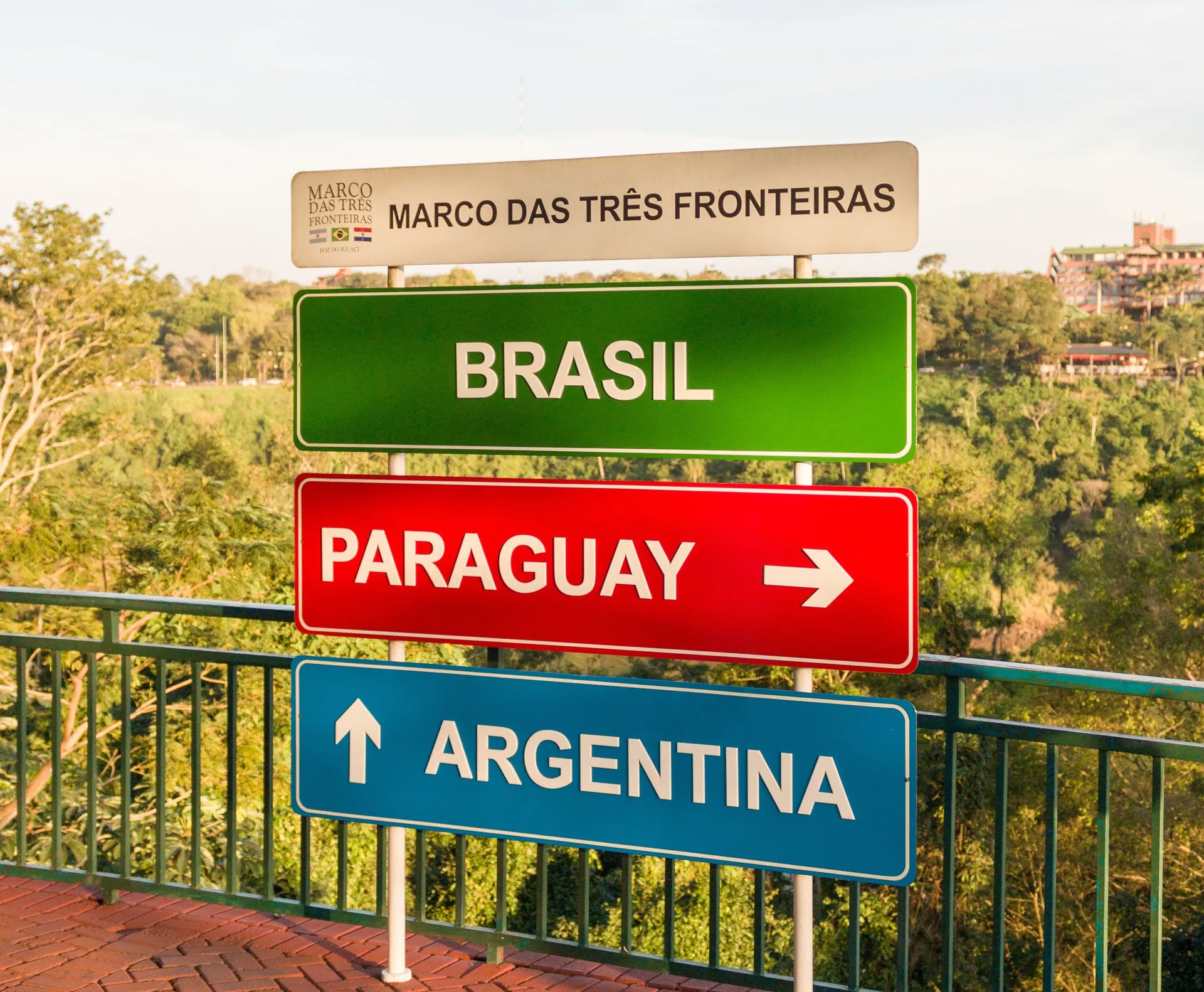 The Marco das Três Fronteiras obelisk at sunset where Brazil, Argentina and Paraguay meet