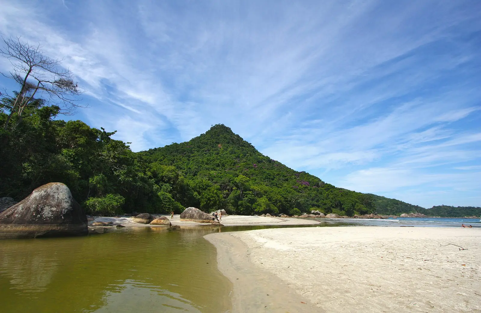 The river meeting the empty double beach at Dois Rios on Ilha Grande, forest peak behind